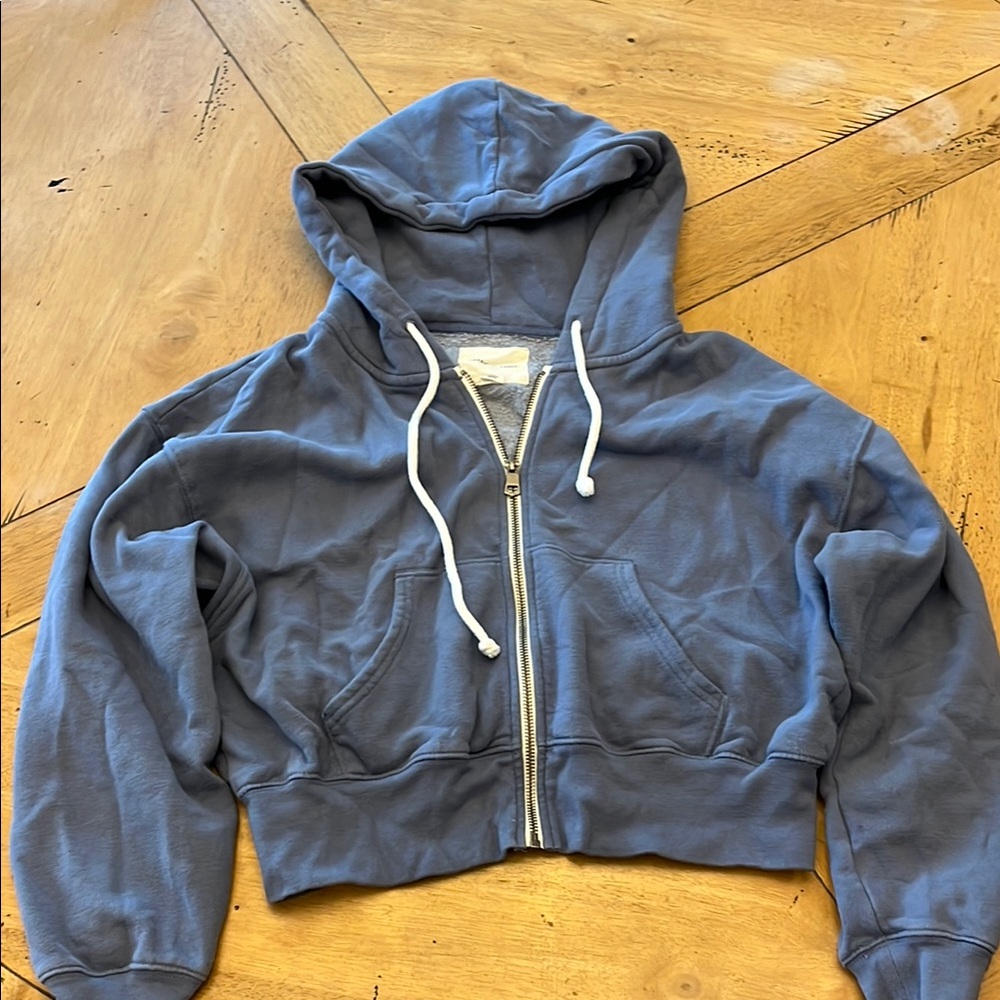 Blue Cropped Hoodie with White Drawstrings